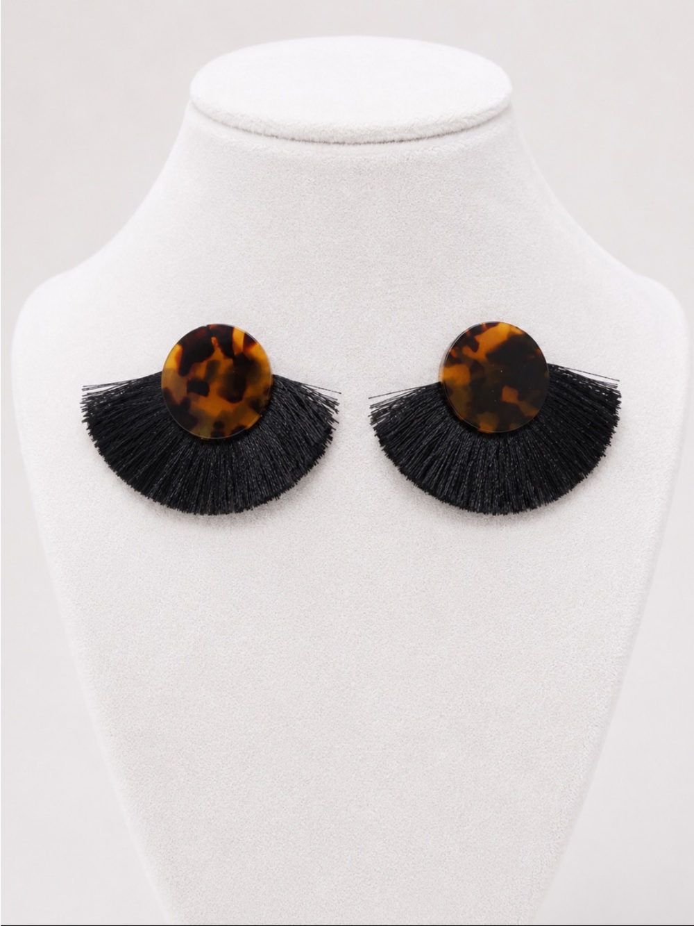 Tortoiseshell & Black Fringe Fan Statement Earrings